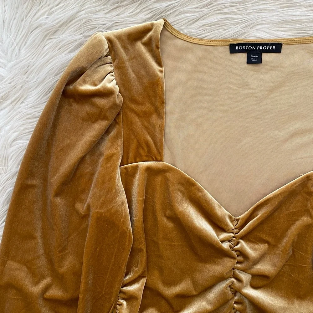Boston Proper Gold Velvet Ruched Sweetheart Neckline Top Long Sleeve Shirt Top - Picture 3 of 9